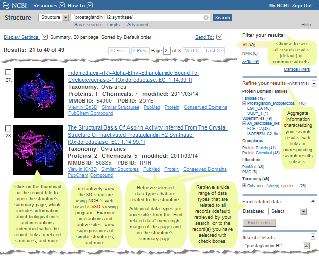 Image of sample structure search results page for prostaglanin H2 synthase, with the search terms in quotes to force a phrase search.  The READ MORE ABOUT column to the right of the image provides more details about the options on the search results page. Click on the image to open the live search results page in MMDB. Note that a larger number of items may be retrieved if new structures were deposited since this snapshot was taken.