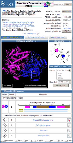 Thumbnail image of a sample structure summary page, for sheep prostaglandin H2 synthase (MMDB ID 50885, PDB ID 1PTH). Click on the image to read more about the features and options on a structure summary page.