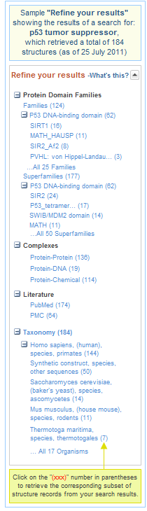 Illustration of a Refine Your Results box on an Entrez Structure search results page.  The items in the box allow you to view specific subsets of your search results that may be of interest. Click on the image to open the current, live search results for the p53 tumor suppressor search featured in this example.