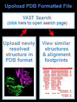 Schematic image depicting the upload of a newly resolved structure in PDB file format to VAST Search, which finds similarly shaped 3D structures and displays their alignment footprints, with options to view sequence alignments and 3D superpositions. Click on the image to open the VAST Search page.