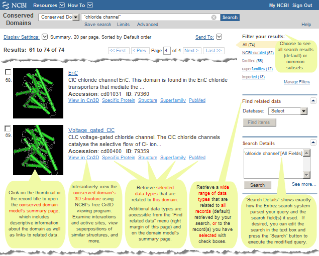Image of sample Conserved Domain Database (CDD) search results page for chloride channel, with the search terms in quotes to force a phrase search.  The READ MORE ABOUT column to the right of the image provides more details about the options on the search results page. Click on the image to open the live search results page in CDD. Note that a larger number of items may be different than shown here because the Conserved Domain Database continues to evolve with the addition of new data.