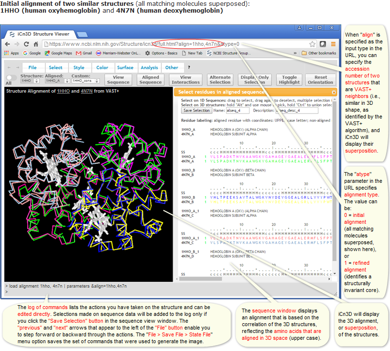 Example of a 3D alignment of two similar structures in iCn3D, featuring the initial alignment of 1HHO (human oxyhemoglobin) and 4N7N (human deoxyhemoglobin), with all matching molecules superposed. Click on the image to open the live view in iCn3D.