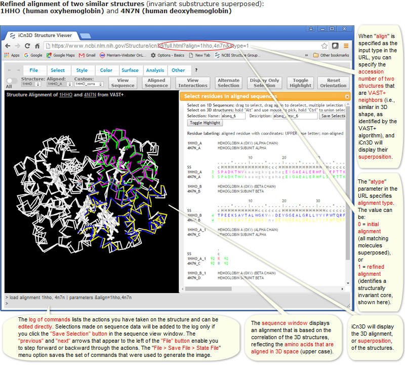 Example of a 3D alignment of two similar structures in iCn3D, featuring the refined alignment of 1HHO (human oxyhemoglobin) and 4N7N (human deoxyhemoglobin), with an invariant substructure superposed. Click on the image to open the live view in iCn3D.