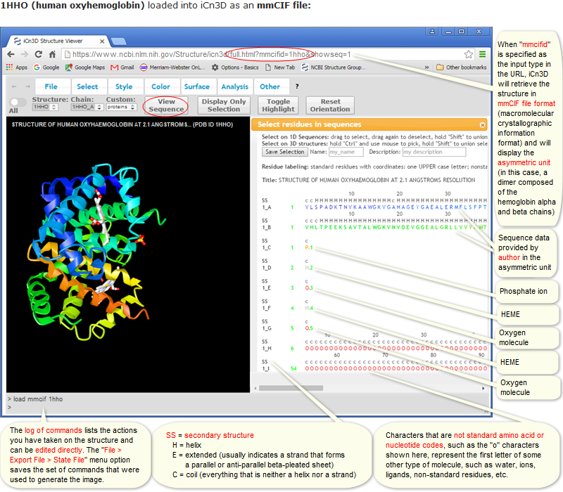 Example of a single structure, 1HHO (human oxyhemoglobin), imported into iCn3D in mmCIF file format, which shows the asymmetric unit, along with corresponding sequence data. Click on the image to open the live view in iCn3D.