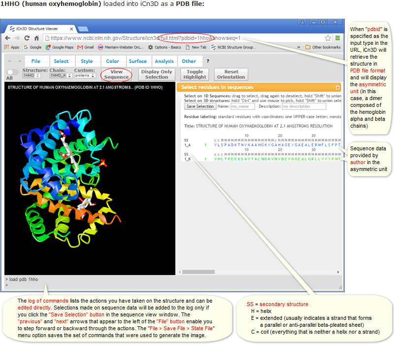 Example of a single structure, 1HHO (human oxyhemoglobin), imported into iCn3D in PDB file format, which shows the asymmetric unit, along with corresponding sequence data. Click on the image to open the live view in iCn3D.