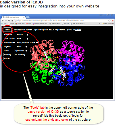 Illustrated example of the basic version of iCn3D, featuring the structure for human oxyhemoglobin, 1HHO