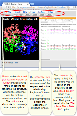 Thumbnail image showing the advanced (full feature) version of iCn3D, featuring the structure for 1HHO, human oxyhemoglobin. Click on the image to read more.