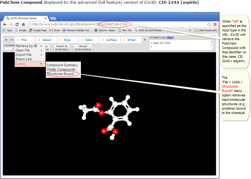 Example of the three-dimensional structure of a PubChem Compound, CID 2244 (aspirin), displayed in iCn3D. Click on the image to open the live view in iCn3D.