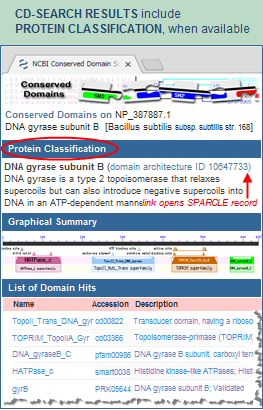 Step 2 in using SPARCLE: The CD-Search results page will display a Protein Classification section above the graphic summary of conserved domains, if a SPARCLE record exists for the domain architecture in the query protein sequence.  Click on this graphic to open the CD-Search results for NP_387887, DNA gyrase subunit B from Bacillus subtilis.