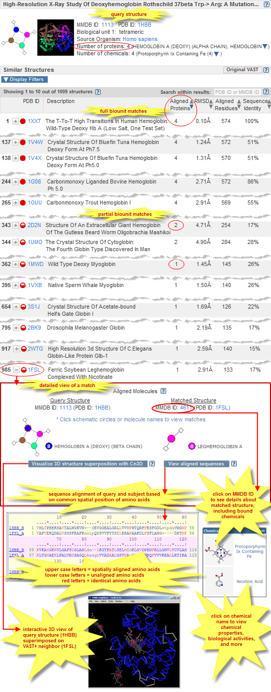 Illustrated example of VAST+ search results for 1HBB (High-resolution X-ray Study of Deoxyhemoglobin Rothschild 37beta Trp-> Arg: a Mutation That Creates an Intersubunit Chloride-binding Site) and 1FSL (Ferric Soybean Leghemoglobin Complexed With Nicotinate), showing a detailed comparison of the query structure and a VAST+ similar structure, listing names of aligned molecules and alignment statistics, for the alignment. Click on the image to open a live web page with VAST+ results for 1HBB.
